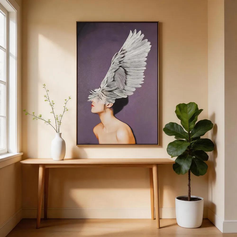 Misty Purple Wabi-Sabi Feather Wing Portrait Art Decor Painting, Surreal‑Toned Creative Figurative Wall Hanging, Abstract Art Wall Decoration for Foyer and Living Room