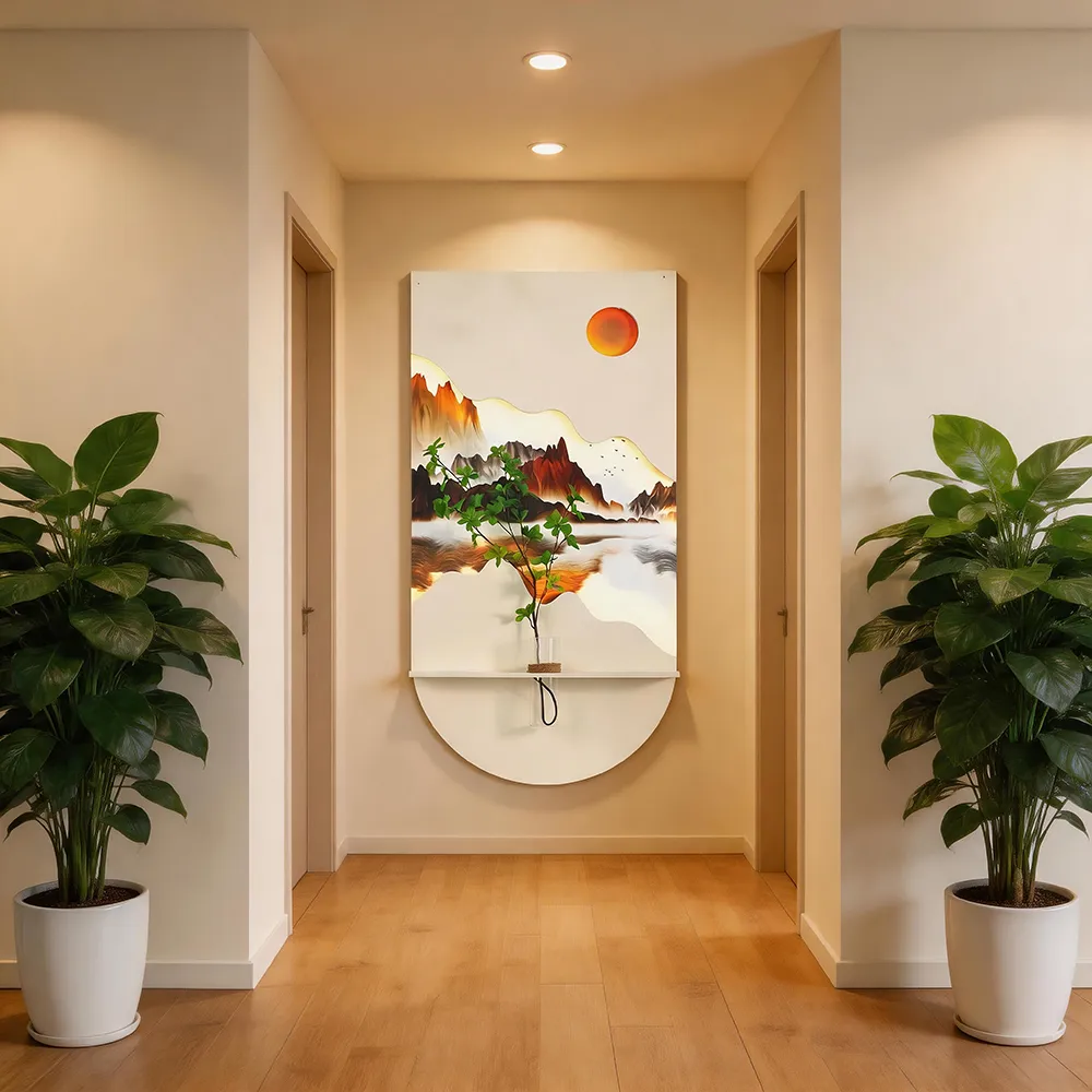 Sandstone-textured LED art décor painting, New Chinese-style landscape mural, creative flower vase–light fixture integrated décor piece, living room and entryway wall hanging.