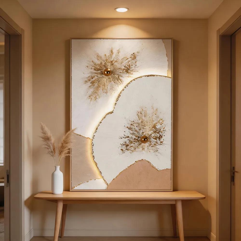 Modern Luxe Illuminated Hand-Painted Decorative Painting, Golden Floral Art Hanging Canvas, Living Room, Entryway, and Hotel Wall Mural with LED Ambient Lighting