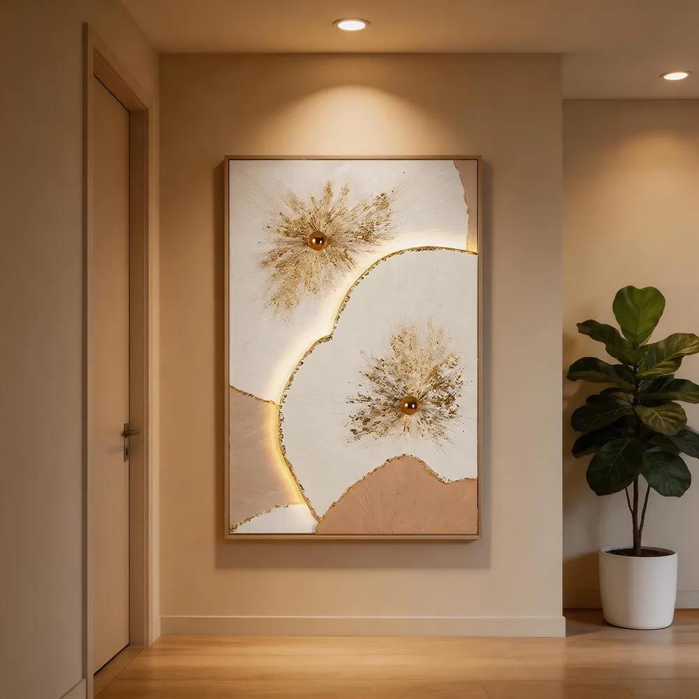 Modern Luxe Illuminated Hand-Painted Decorative Painting, Golden Floral Art Hanging Canvas, Living Room, Entryway, and Hotel Wall Mural with LED Ambient Lighting
