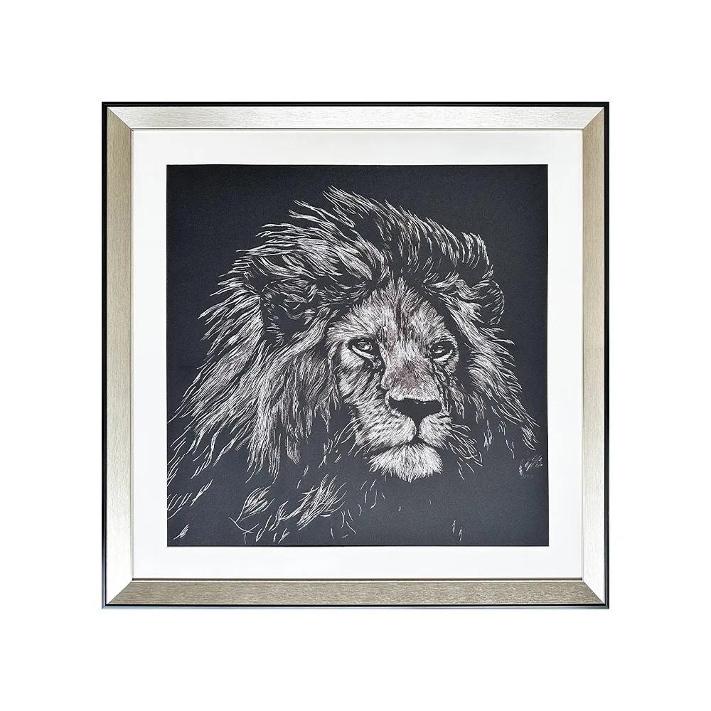 Modern Embroidery Lion King Art Decorative Painting Black and White Lion Hanging Painting Living Room Entrance Office Mural