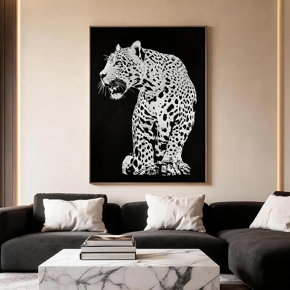 Modern Minimalist Cheetah Embroidery Decorative Painting, Black-and-White Abstract Animal Art Wall Hanging for Living Room, Bedroom, and Hotel