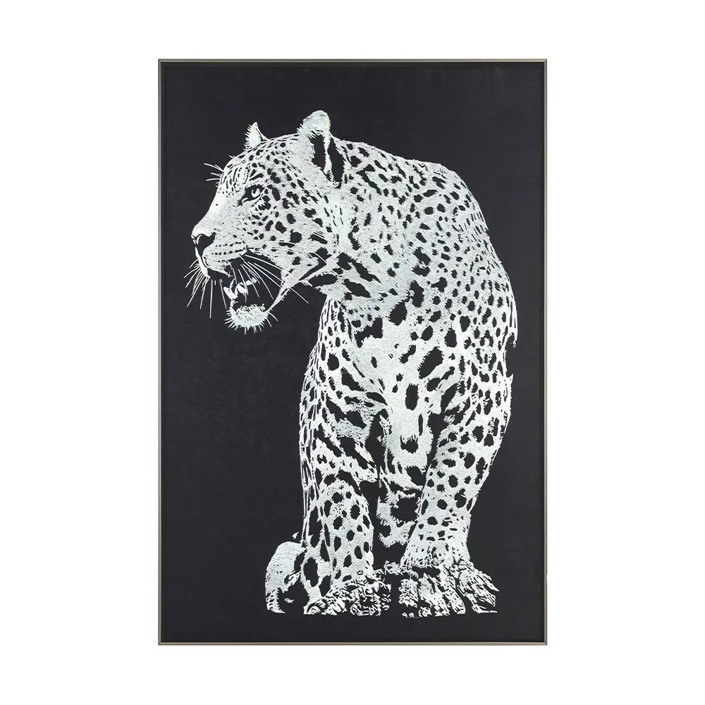 Modern Minimalist Cheetah Embroidery Decorative Painting, Black-and-White Abstract Animal Art Wall Hanging for Living Room, Bedroom, and Hotel