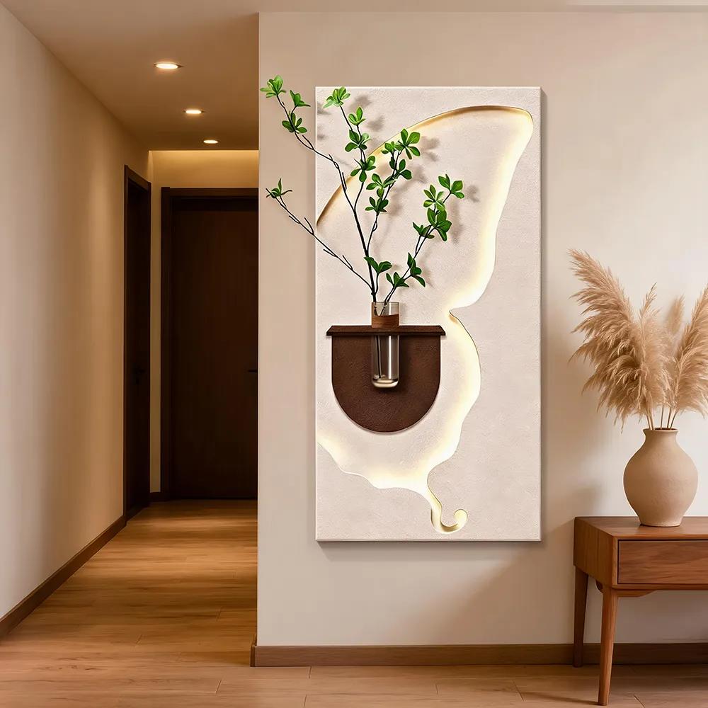 Sandstone LED luminous decorative painting creative vase green plant art mural living room porch atmosphere lamp hanging painting