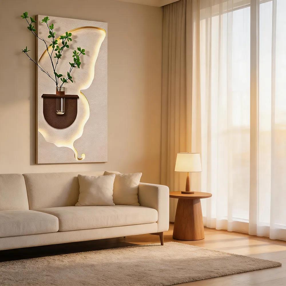 Sandstone LED luminous decorative painting creative vase green plant art mural living room porch atmosphere lamp hanging painting