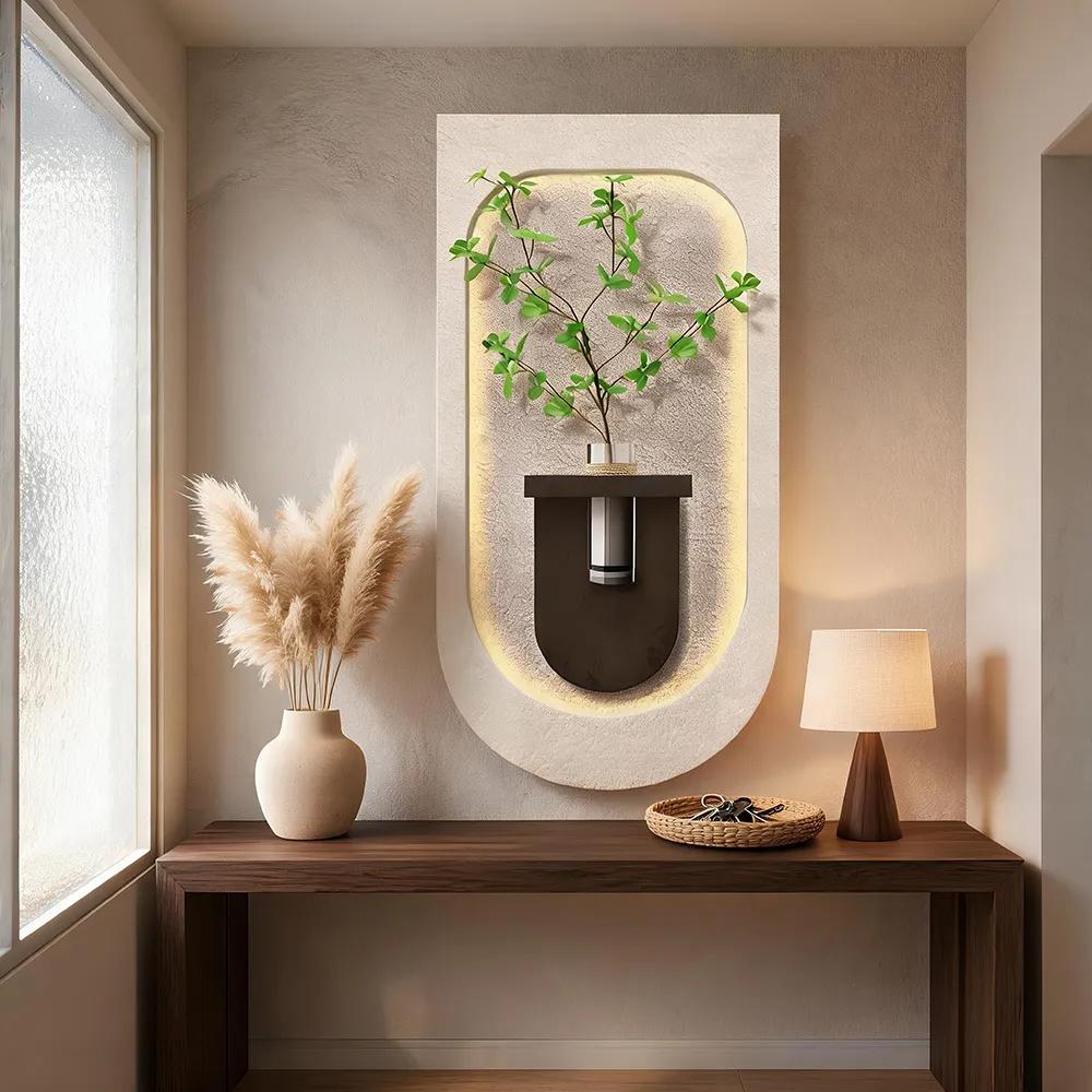 Modern Cream Wind Sandstone LED Flower Decorative Painting Creative Green Plant Wall Lamp Art Hanging Painting Living Room Entrance Atmosphere Light Mural