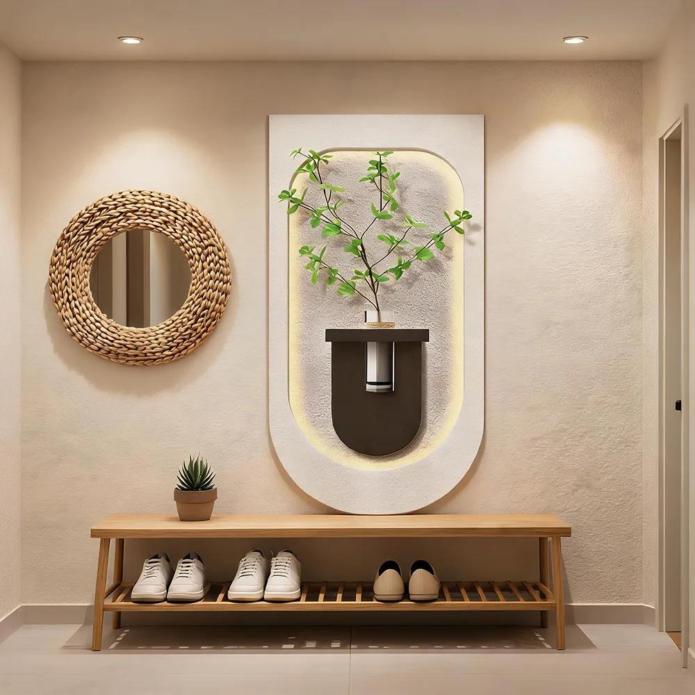 Modern Cream Wind Sandstone LED Flower Decorative Painting Creative Green Plant Wall Lamp Art Hanging Painting Living Room Entrance Atmosphere Light Mural