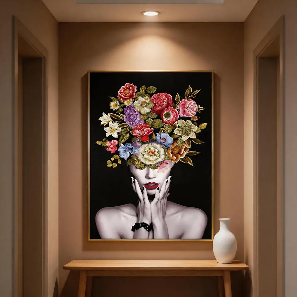 Modern Light Luxury Figure Flower Embroidery Decorative Painting Art Figure Hanging Painting Living Room Sofa Background Wall Mural