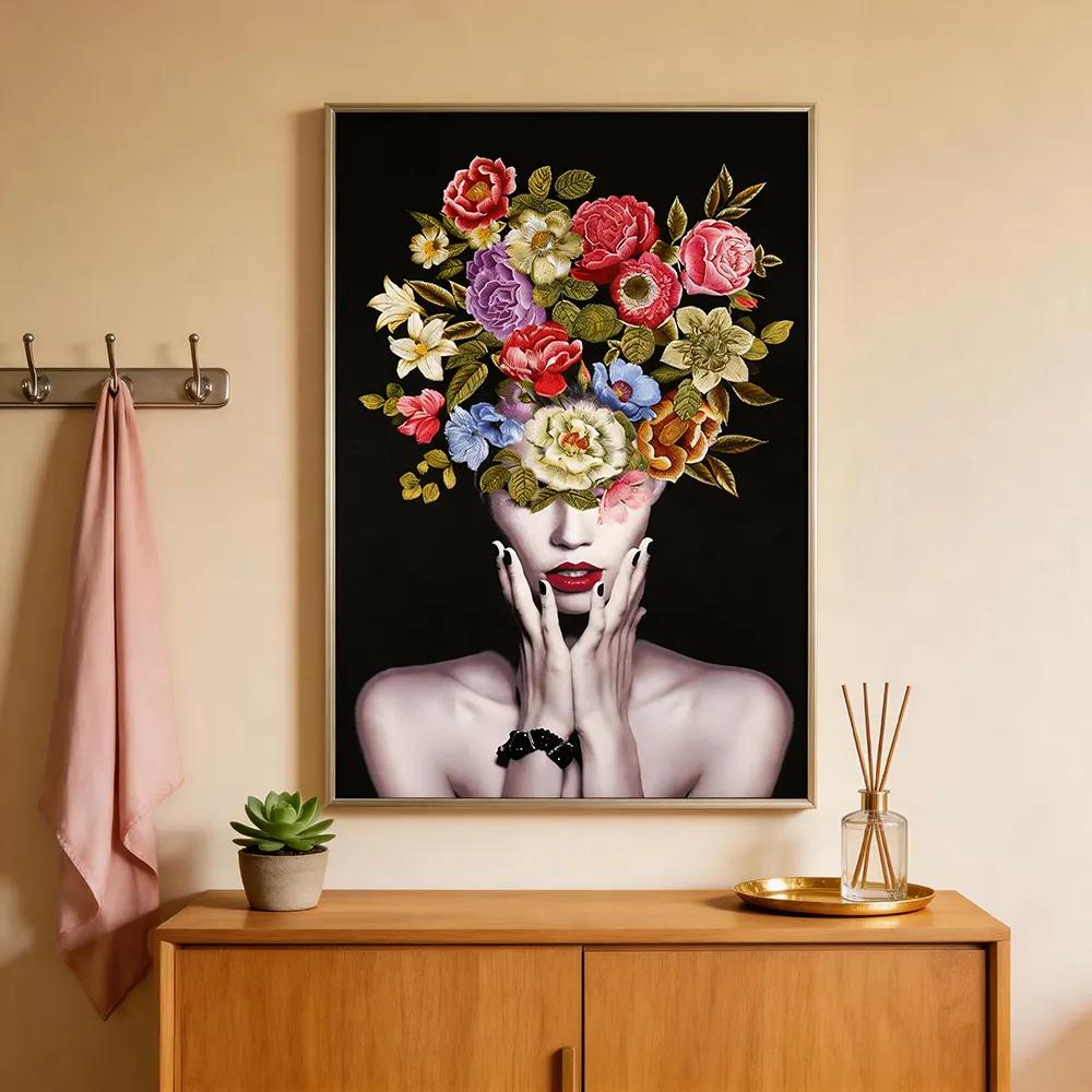 Modern Light Luxury Figure Flower Embroidery Decorative Painting Art Figure Hanging Painting Living Room Sofa Background Wall Mural