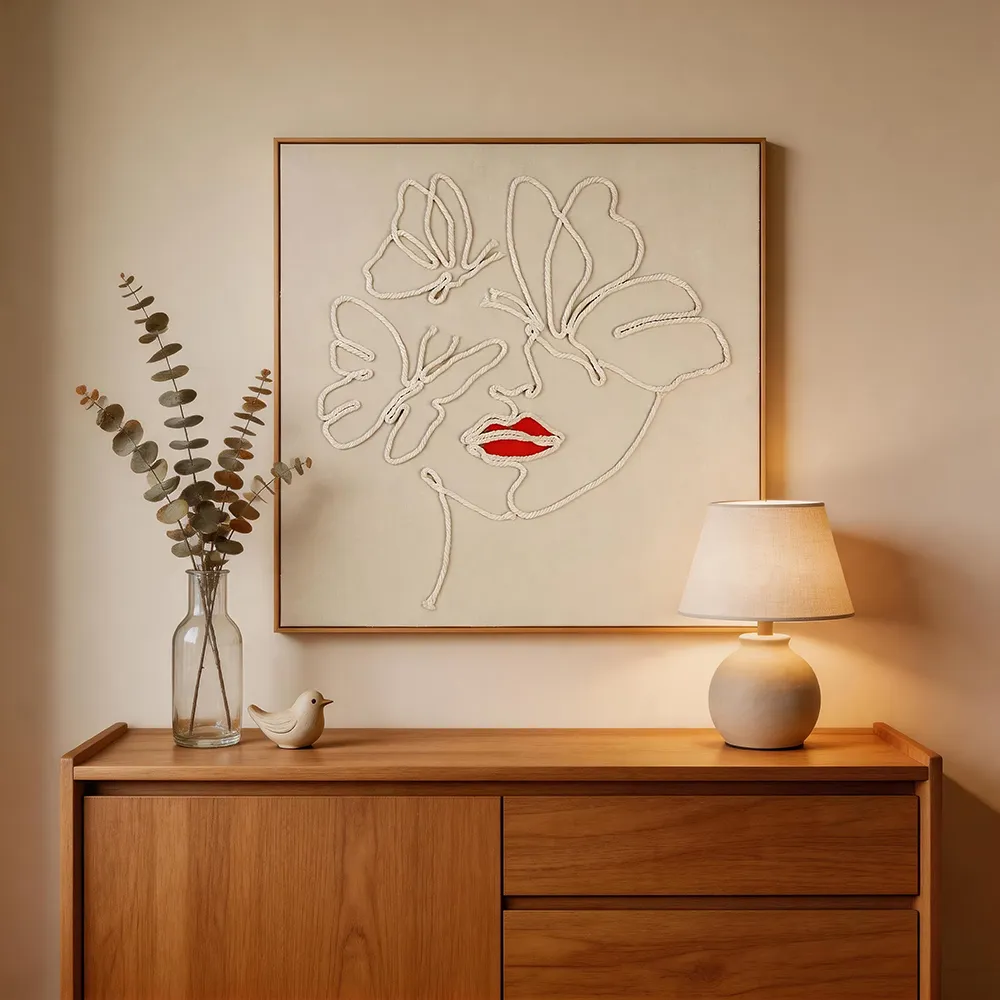 Modern, Light-Luxury Macramé Woven Portrait and Butterfly Decorative Painting | Nordic Minimalist Line‑Drawing Art Hanging Wall Canvas for Living Room and Entryway Background