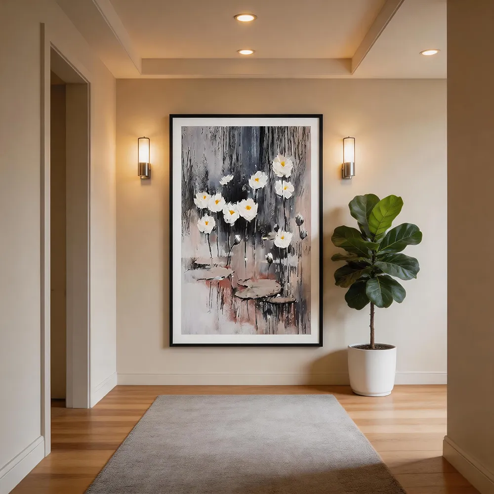 Hand-painted white water lily three-dimensional texture decorative painting Morandi gray abstract flower art hanging painting porch bedroom soft wall decoration