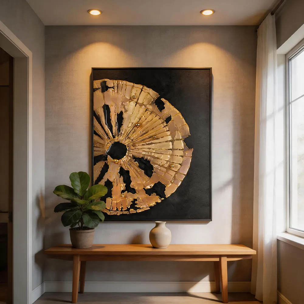 Light Luxury Black Gold Half Wheel Gold Foil Three-dimensional Decorative Painting Abstract Texture Art Hanging Painting Entrance High-end Wall Decoration for Living Room