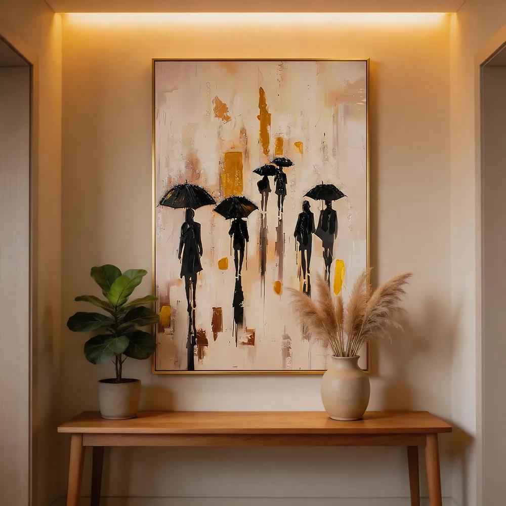 Modern Light Luxury Abstract Pedestrian Hand-painted Oil Painting in Rain Urban Texture Art Hanging Painting Entrance Living Room Soft Wall Decoration
