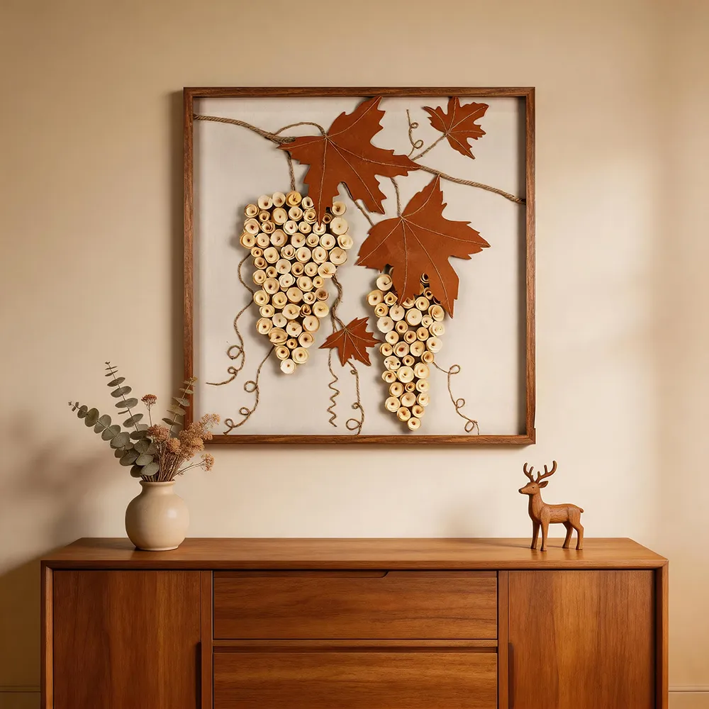 Wabi-sabi style natural wood slice grape handmade decorative art painting, rustic wooden art wall hanging, restaurant and tea room soft wall decor