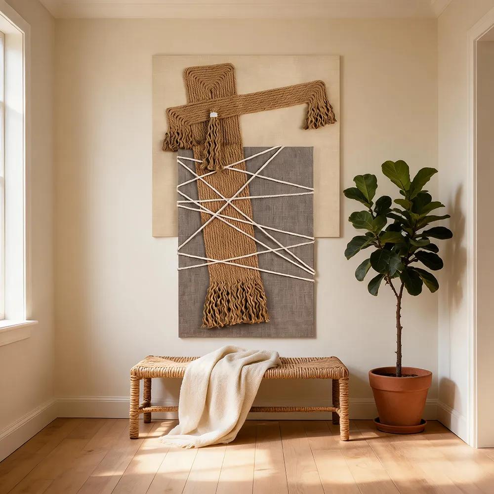 Wabi Sabi style handmade hemp rope weaving three-dimensional installation decoration painting geometric tassel art hanging painting foyer living room soft decoration wall decoration