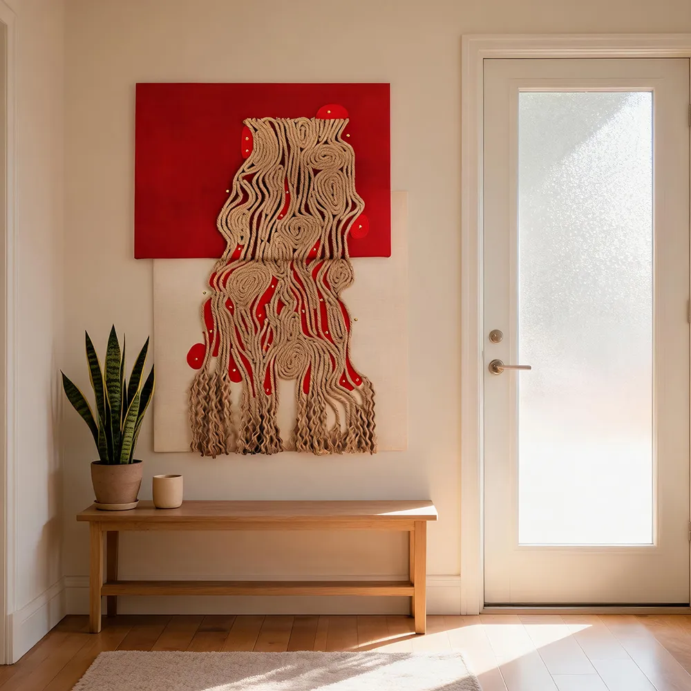 Wabi Sabi Retro Vermilion Red Hemp Rope Weaving Art Hanging Painting Curved Pattern Tassel 3D Double Layer Background Wall Decoration