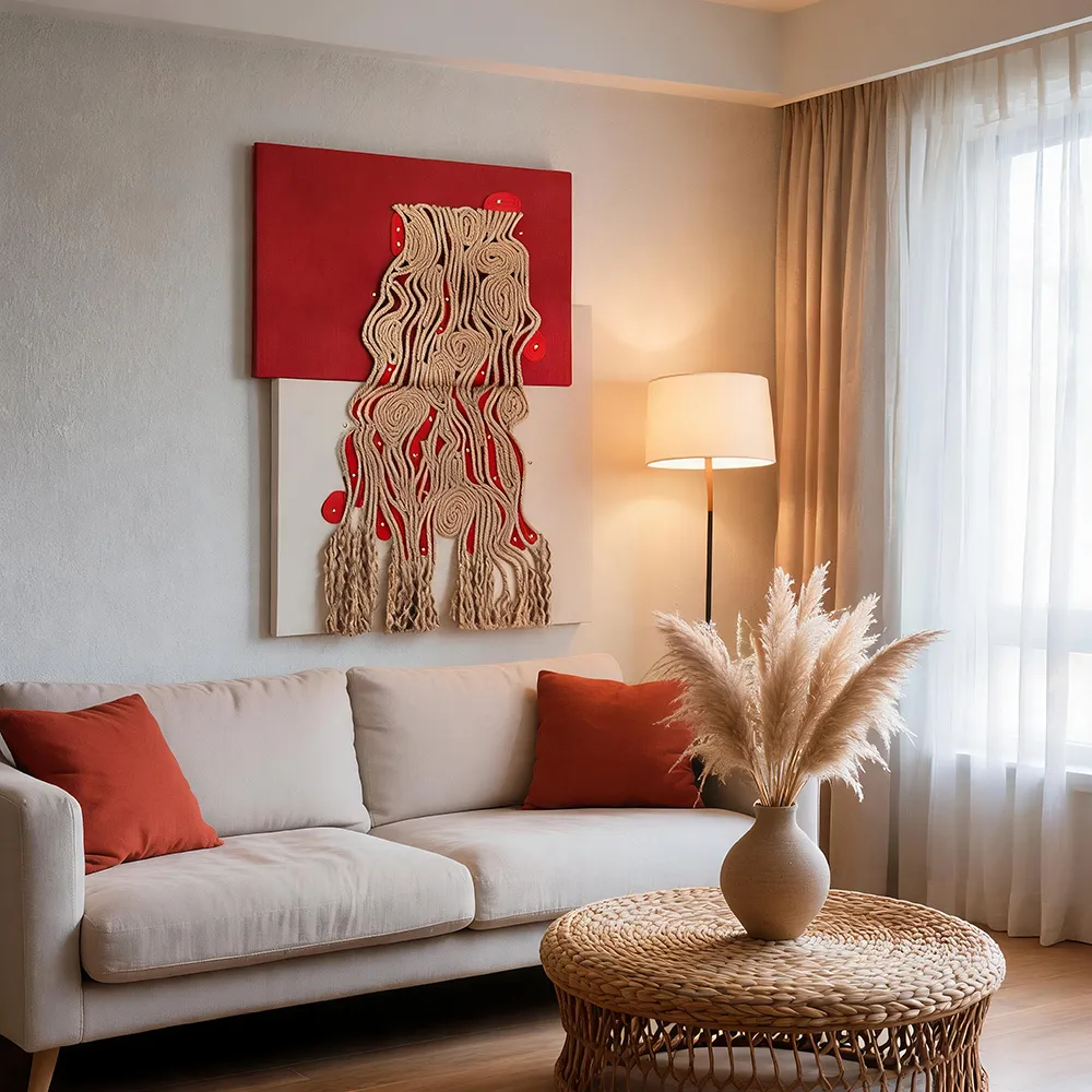 Wabi Sabi Retro Vermilion Red Hemp Rope Weaving Art Hanging Painting Curved Pattern Tassel 3D Double Layer Background Wall Decoration