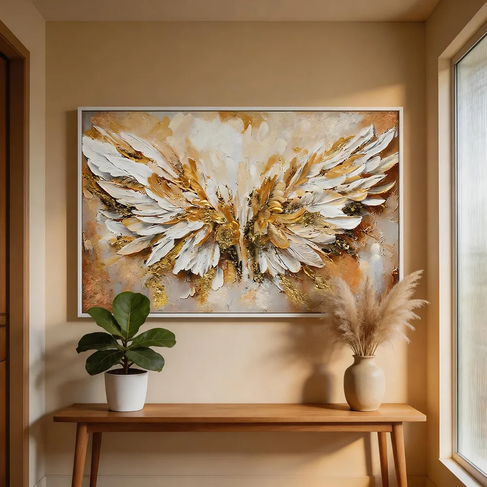 Modern Light Luxury Gold-plated Three-dimensional Texture Angel Wings Decorative Painting Hand-painted Abstract Art Horizontal Hanging Painting Living Room Sofa Background Wall Decoration