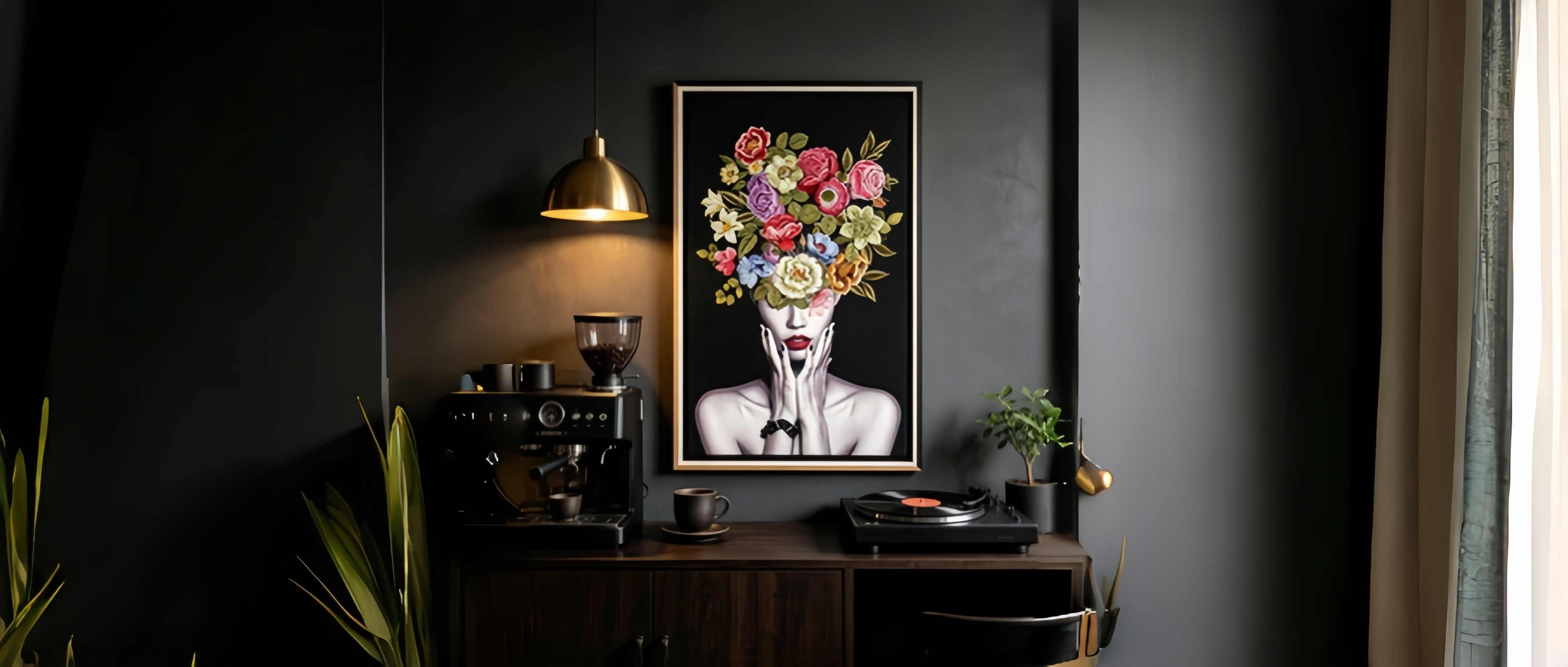 Flowers bloom on the wall, a room of light