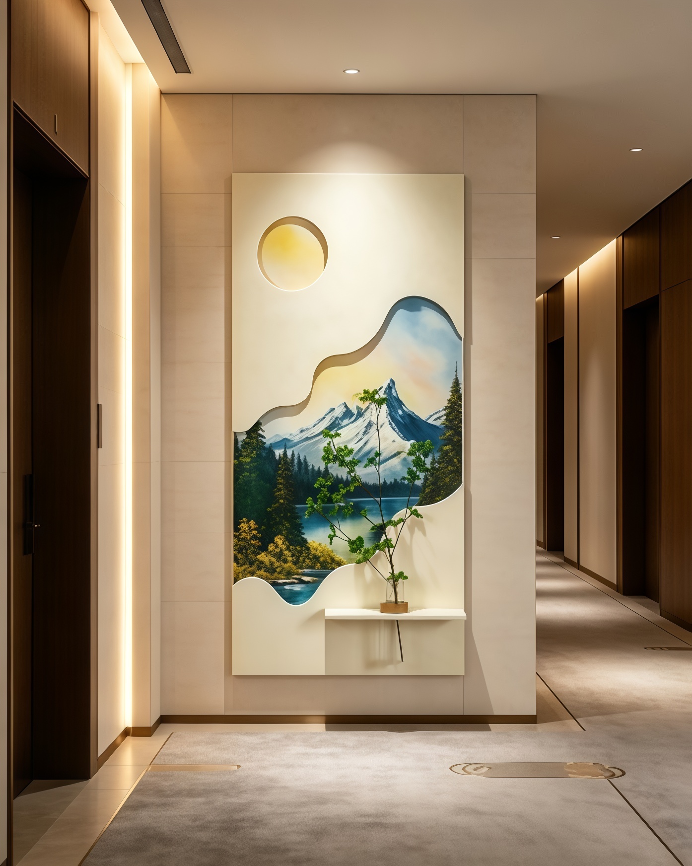 Hotel renovation, entryway hallway wall art, lit mountain wall hanging with vase, new Chinese wall fixture, homestay interior decor, light wood home decor, layered landscape painting, new arrival wall furnishing, https://www.room127.com/