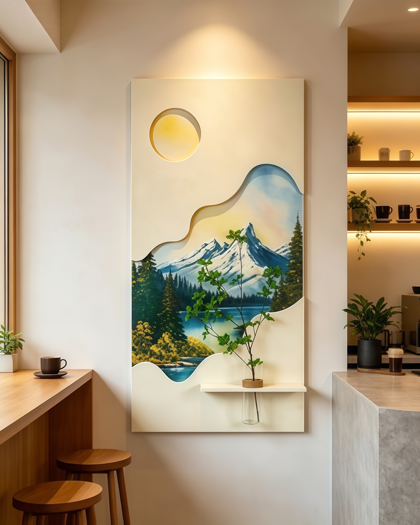 Hotel renovation, entryway hallway wall art, lit mountain wall hanging with vase, new Chinese wall fixture, homestay interior decor, light wood home decor, layered landscape painting, new arrival wall furnishing, https://www.room127.com/