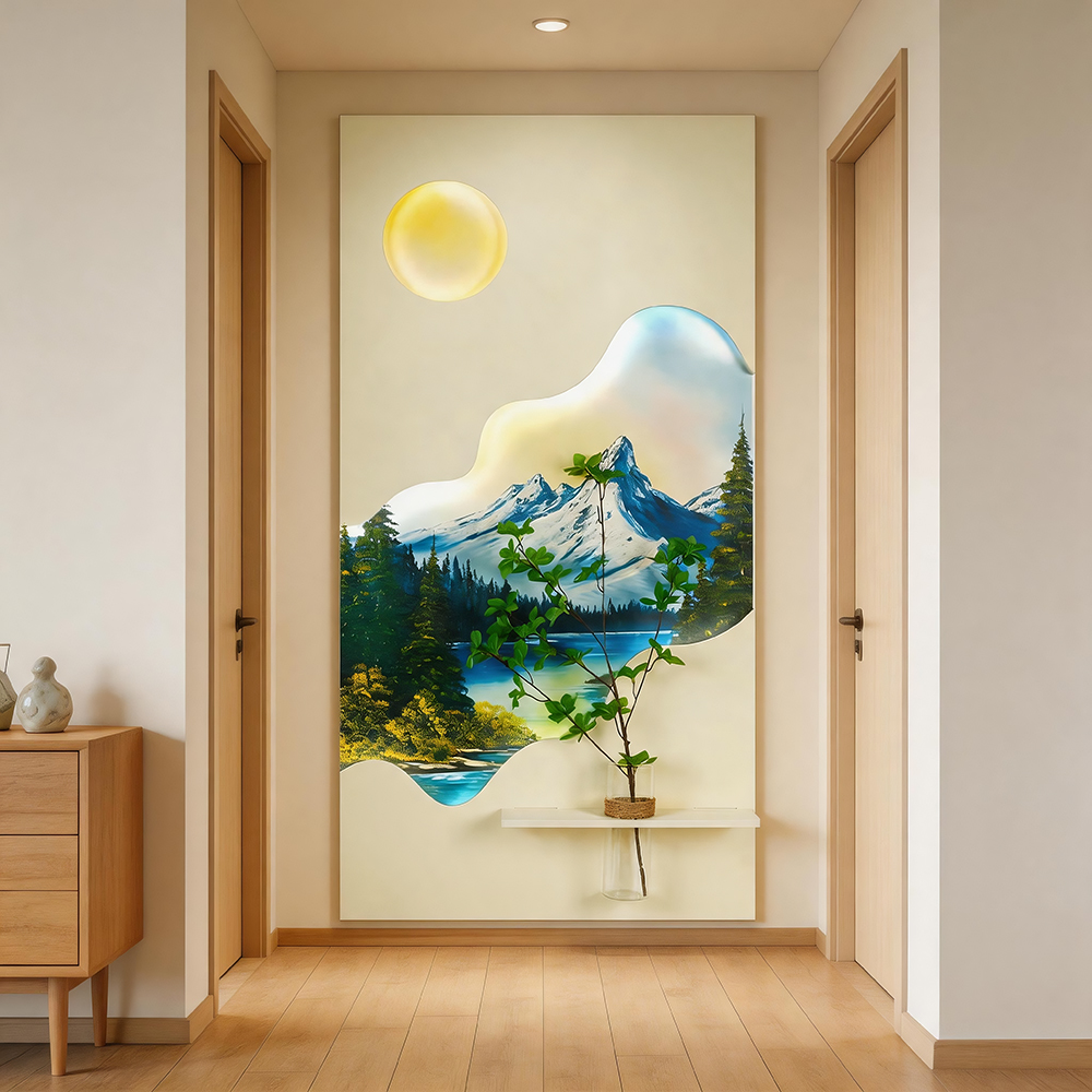Hotel renovation, entryway hallway wall art, lit mountain wall hanging with vase, new Chinese wall fixture, homestay interior decor, light wood home decor, layered landscape painting, new arrival wall furnishing, https://www.room127.com/