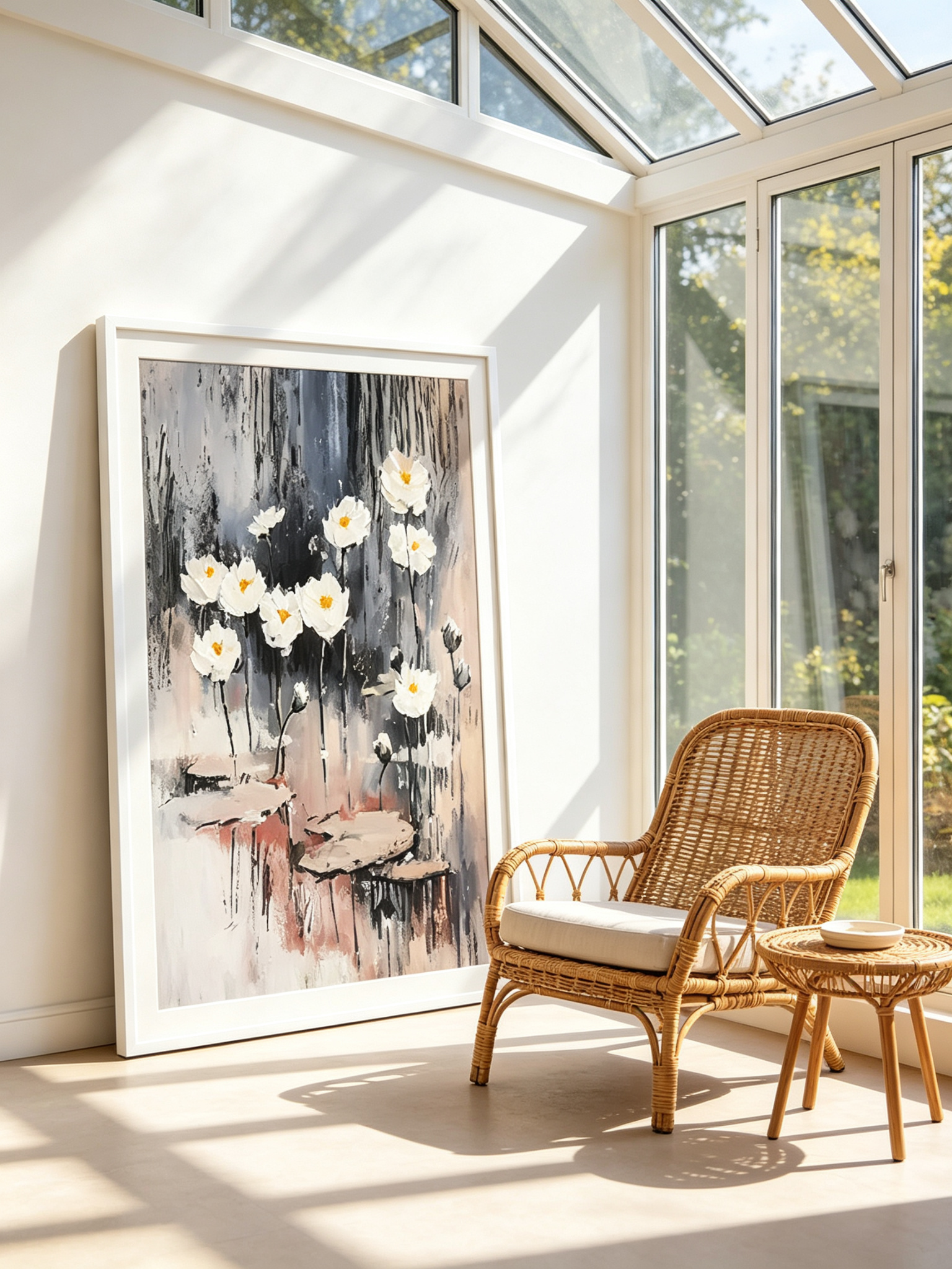 Home furnishing, vertical lotus oil painting, ink textured hand-painted print, mid-century living room decor, sunroom wall furnishing, cream floral wall art, new arrival impasto artwork, https://www.room127.com/