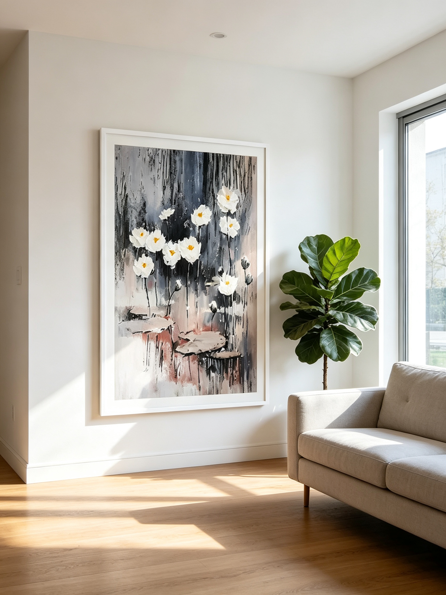 Home furnishing, vertical lotus oil painting, ink textured hand-painted print, mid-century living room decor, sunroom wall furnishing, cream floral wall art, new arrival impasto artwork, https://www.room127.com/
