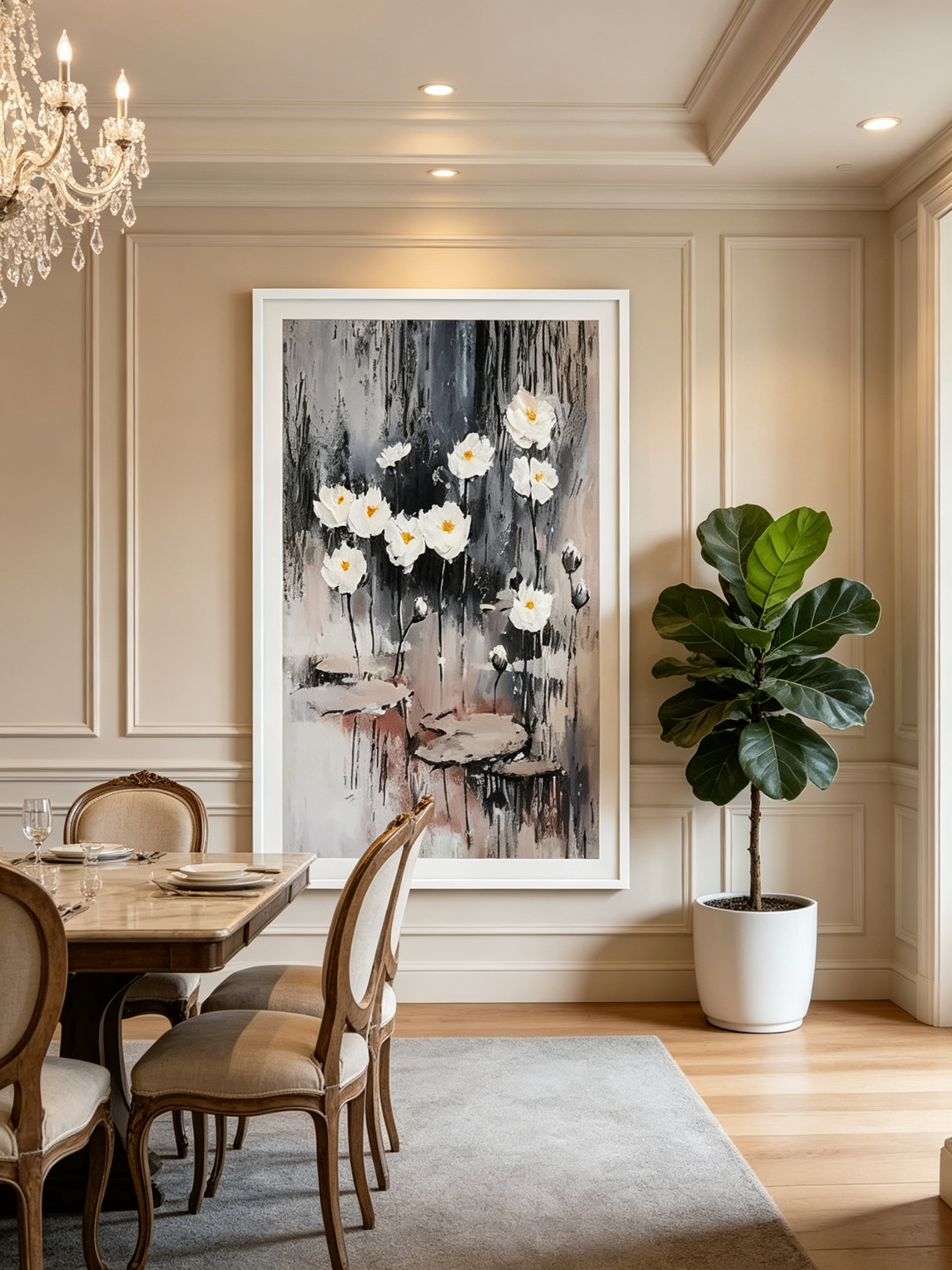 Home furnishing, vertical lotus oil painting, ink textured hand-painted print, mid-century living room decor, sunroom wall furnishing, cream floral wall art, new arrival impasto artwork, https://www.room127.com/