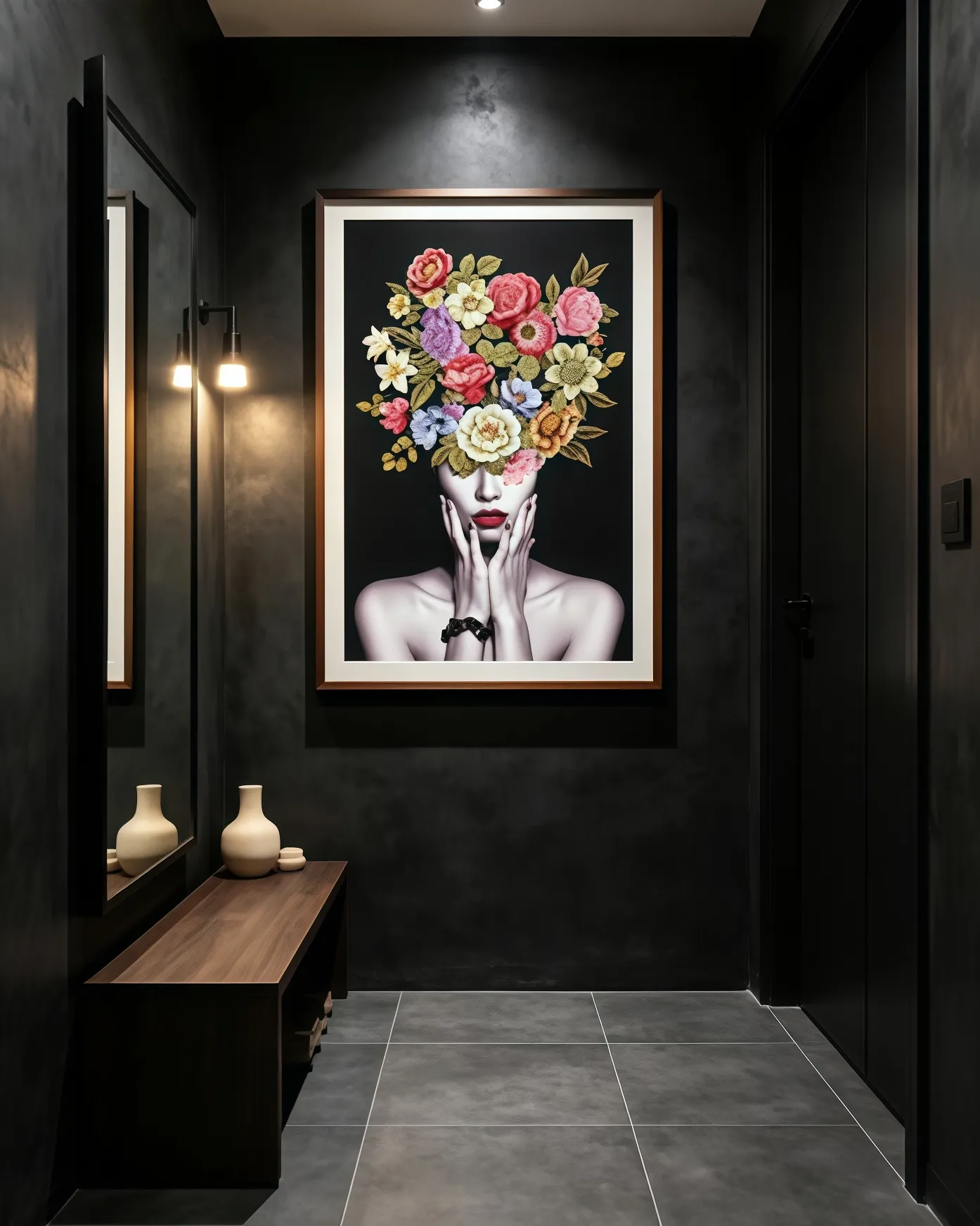 dark luxury wall art floral portrait embroidery texture painting 2026 home trends entryway statement art dining room decor living room gallery wall independent designer art customizable artwork room127 https://www.room127.com