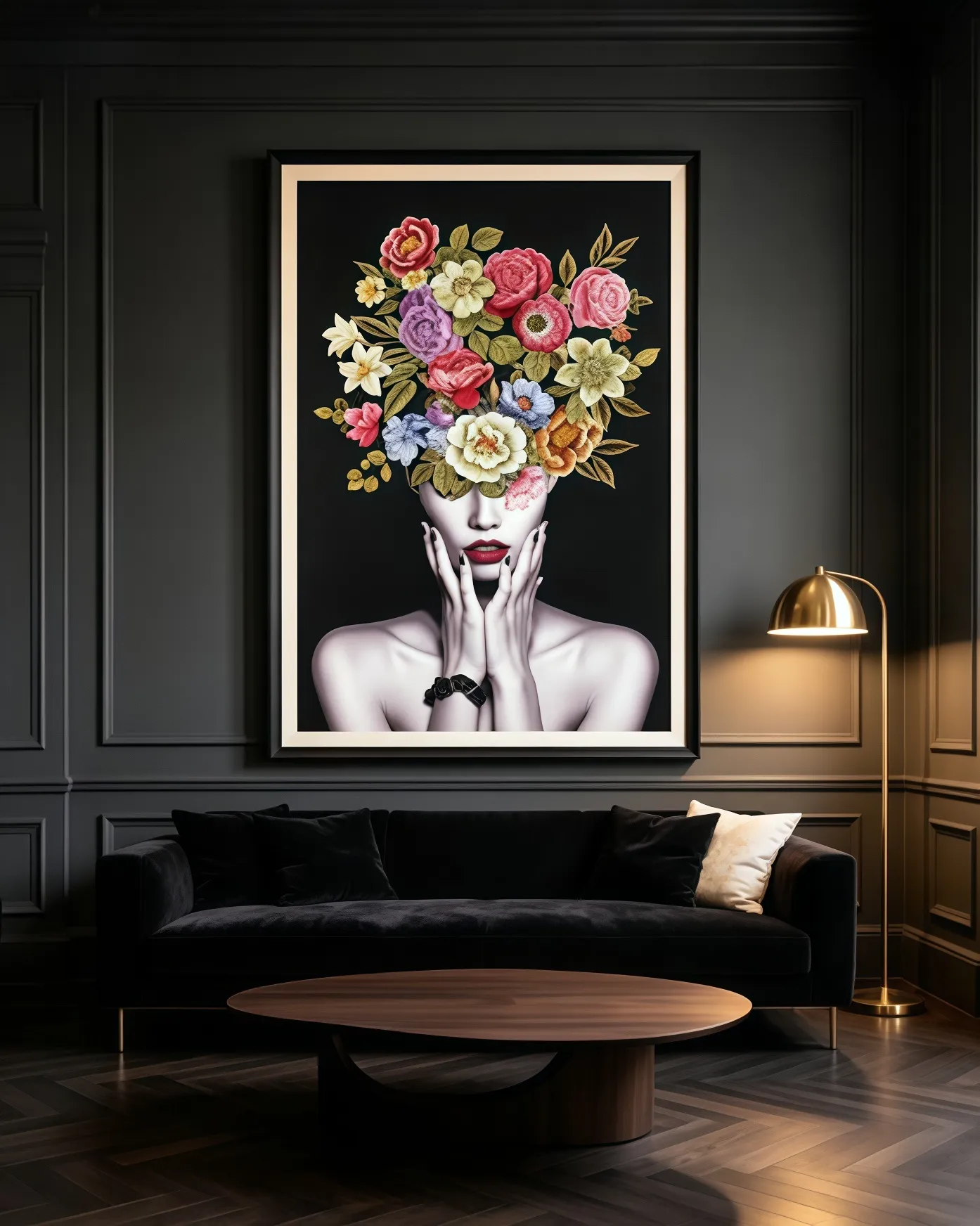 dark luxury wall art floral portrait embroidery texture painting 2026 home trends entryway statement art dining room decor living room gallery wall independent designer art customizable artwork room127 https://www.room127.com