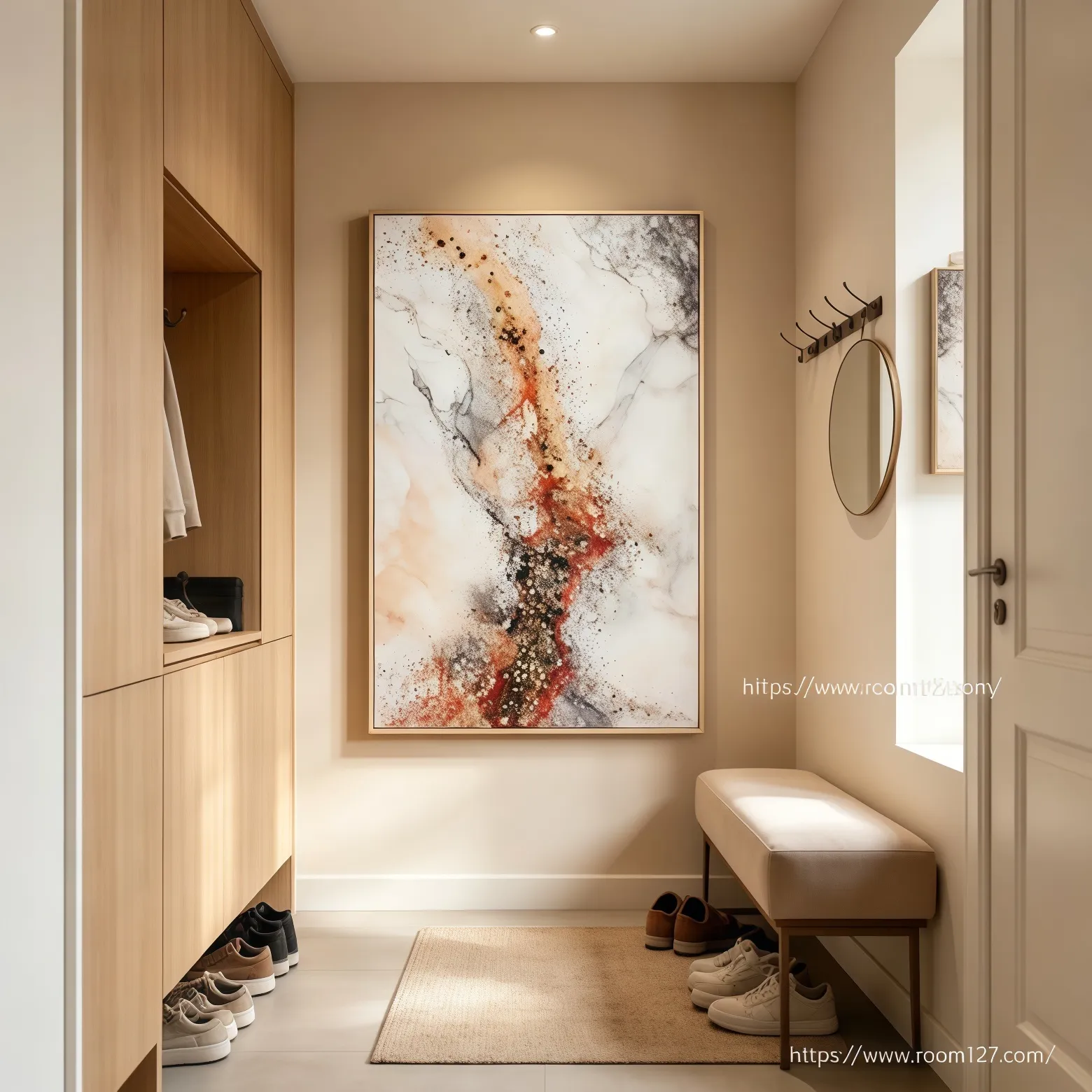 https://www.room127.com custom wall art abstract fluid painting 3D stone inlay crystal fragment art luxury entryway decor home office styling modern minimalist wall art customizable artwork interior texture room127