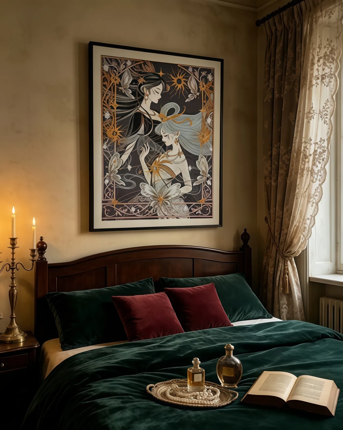 custom embroidery art Art Nouveau wall decor gemini twin embroidery mystical aesthetic hand embroidery care custom ordering guide bedroom statement art customizable styles room127 artwork room127