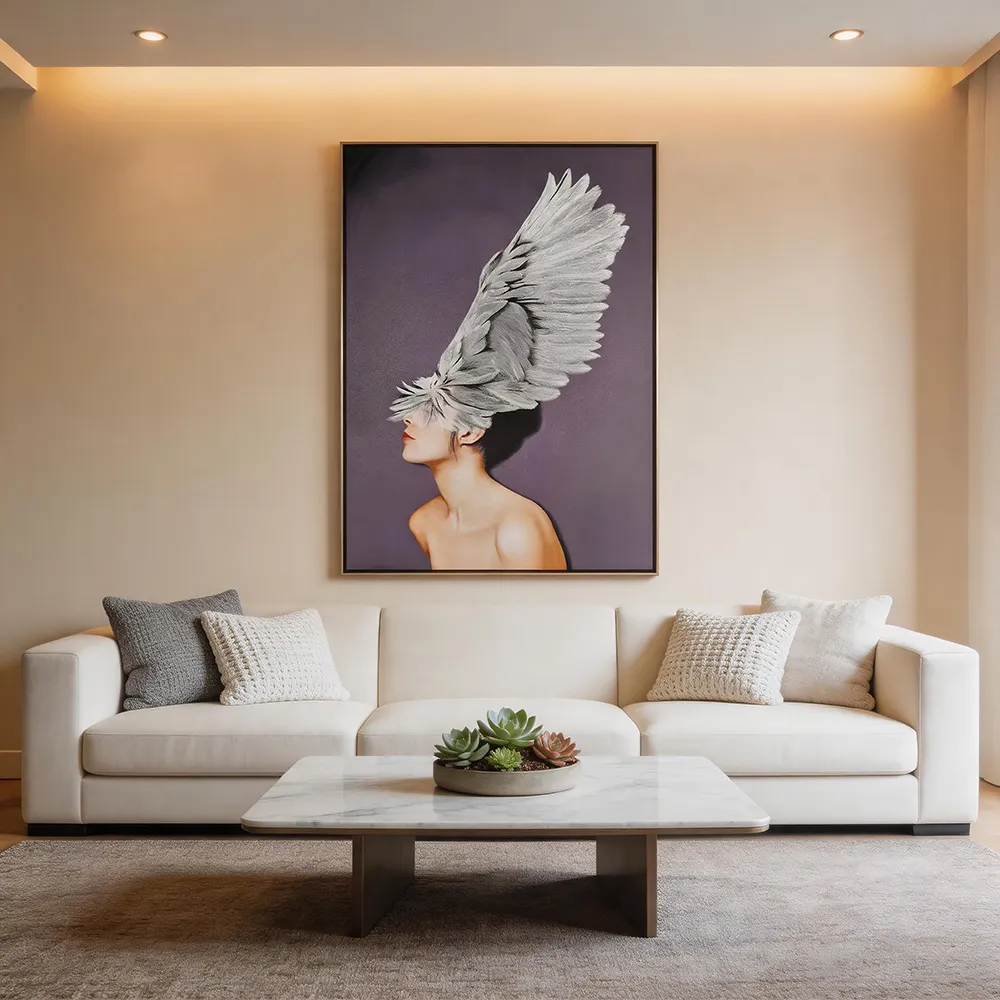 2026 decor trends embroidered portrait art feather figure painting quiet luxury interiors white wall styling textured wall art customizable styles contemporary artwork room127