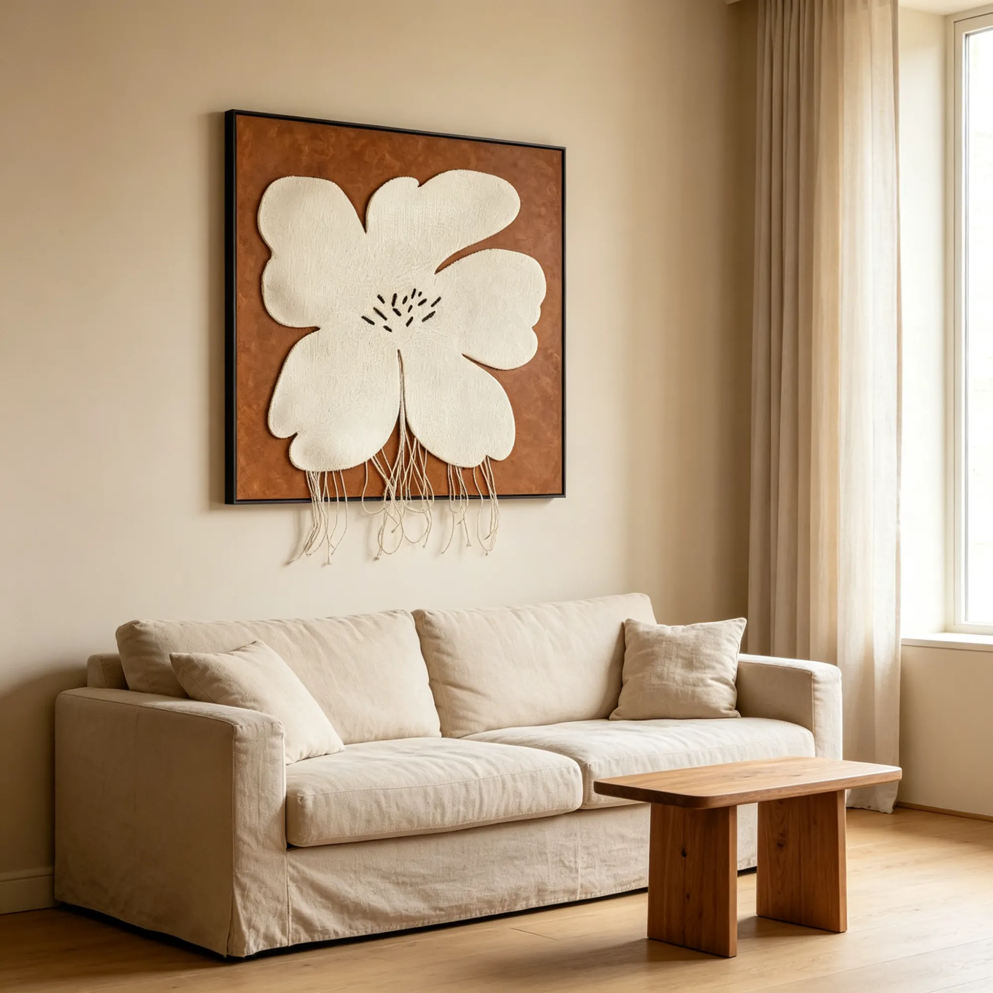 new arrival wall art flower 3D embroidery caramel brown artwork wabi sabi decor organic modern wall art tassel art piece entryway statement art customizable styles warm tone interiors room127