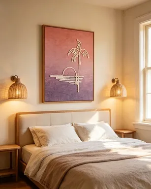 custom wall art, rope wall art, palm tree painting, sunset wall art, bohemian wall decor, tropical home decor, coastal wall art, handcrafted wall art, made to order art, room127, https://www.room127.com