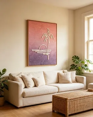 custom wall art, rope wall art, palm tree painting, sunset wall art, bohemian wall decor, tropical home decor, coastal wall art, handcrafted wall art, made to order art, room127, https://www.room127.com
