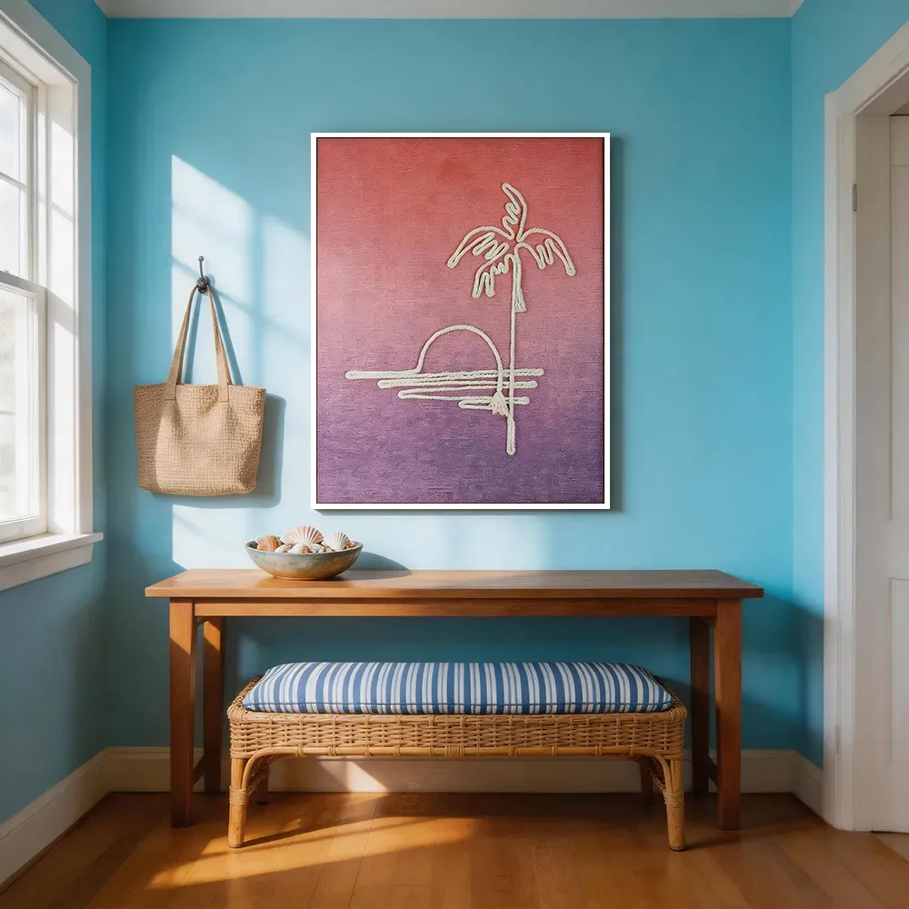 custom wall art, rope wall art, palm tree painting, sunset wall art, bohemian wall decor, tropical home decor, coastal wall art, handcrafted wall art, made to order art, room127, https://www.room127.com