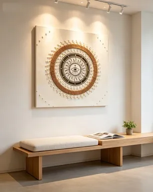 evil eye wall art, bohemian textured painting, jute rope and pearl decor, gold mirror celestial art, sun and moon wall hanging, 80x80 square statement piece, boho bedroom decor, mystical home accent, handcrafted layered art, protective symbol artwork