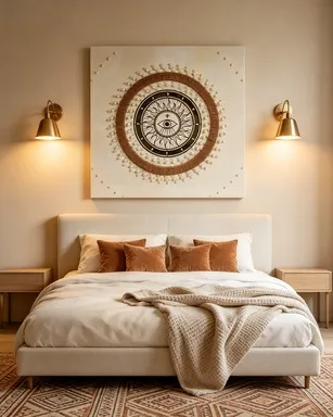 evil eye wall art, bohemian textured painting, jute rope and pearl decor, gold mirror celestial art, sun and moon wall hanging, 80x80 square statement piece, boho bedroom decor, mystical home accent, handcrafted layered art, protective symbol artwork