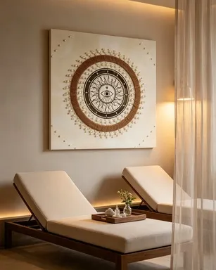evil eye wall art, bohemian textured painting, jute rope and pearl decor, gold mirror celestial art, sun and moon wall hanging, 80x80 square statement piece, boho bedroom decor, mystical home accent, handcrafted layered art, protective symbol artwork