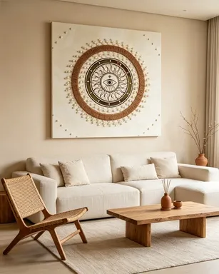 evil eye wall art, bohemian textured painting, jute rope and pearl decor, gold mirror celestial art, sun and moon wall hanging, 80x80 square statement piece, boho bedroom decor, mystical home accent, handcrafted layered art, protective symbol artwork