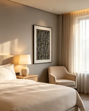 Vertical wall painting with golden speckles, wall decor for hotel bedroom, boutique hotel interior project