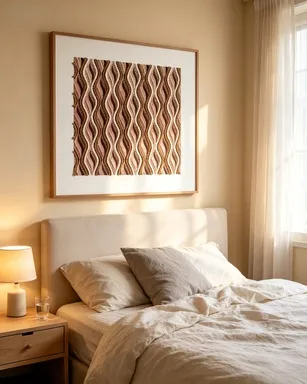 Woven wall art above bedroom bed, earth tone decor for Japandi bedroom