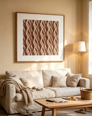 Woven wall decor behind sofa in cream living room, square textured artwork