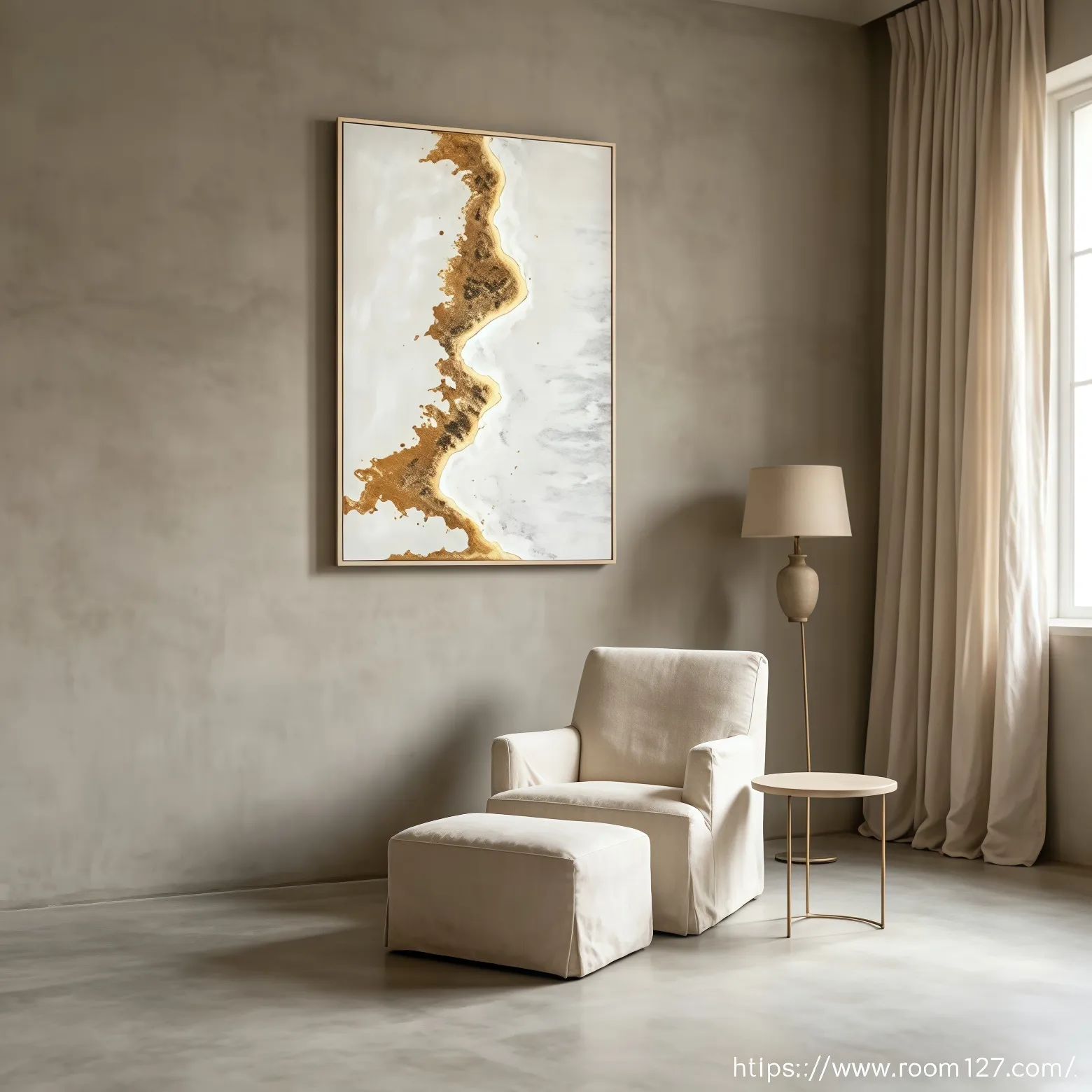Abstract impasto painting with gold leaf, minimalist home living room wall art