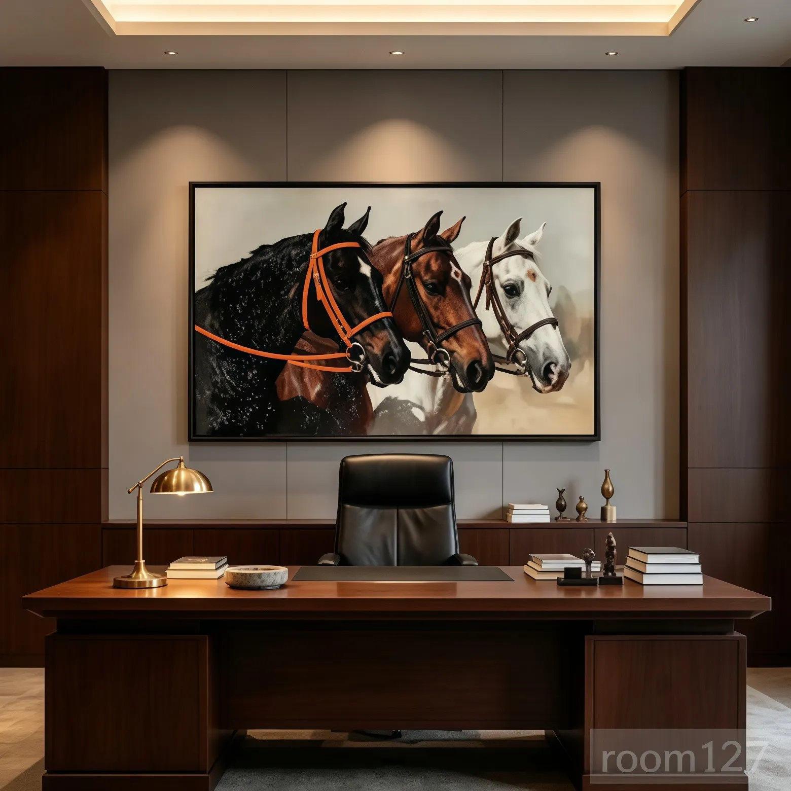 Three horses crystal wall art for executive office, luxury horizontal horse painting for commercial feature wall decor