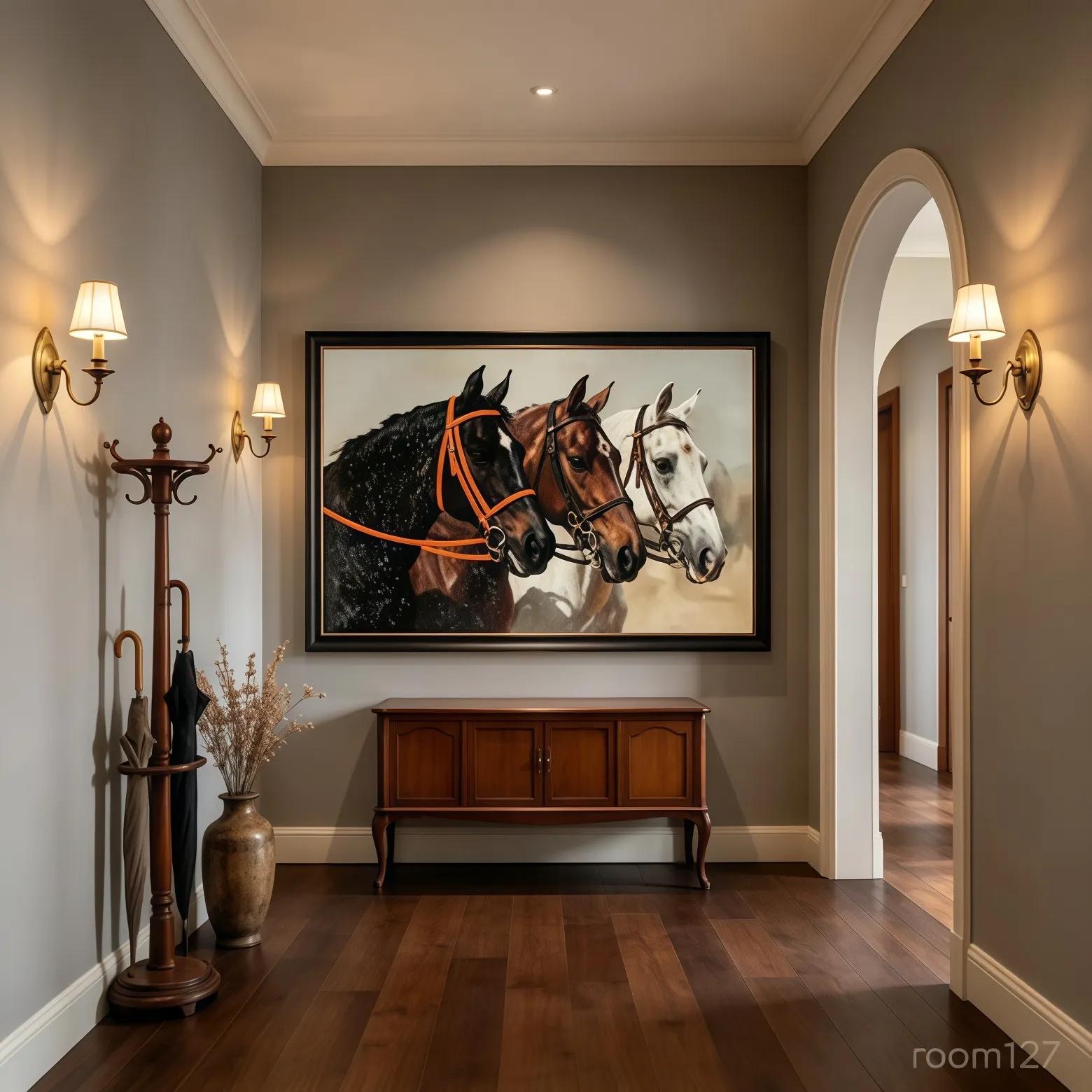3D horse wall art in villa entryway, ambient lighting styling, premium foyer interior decoration