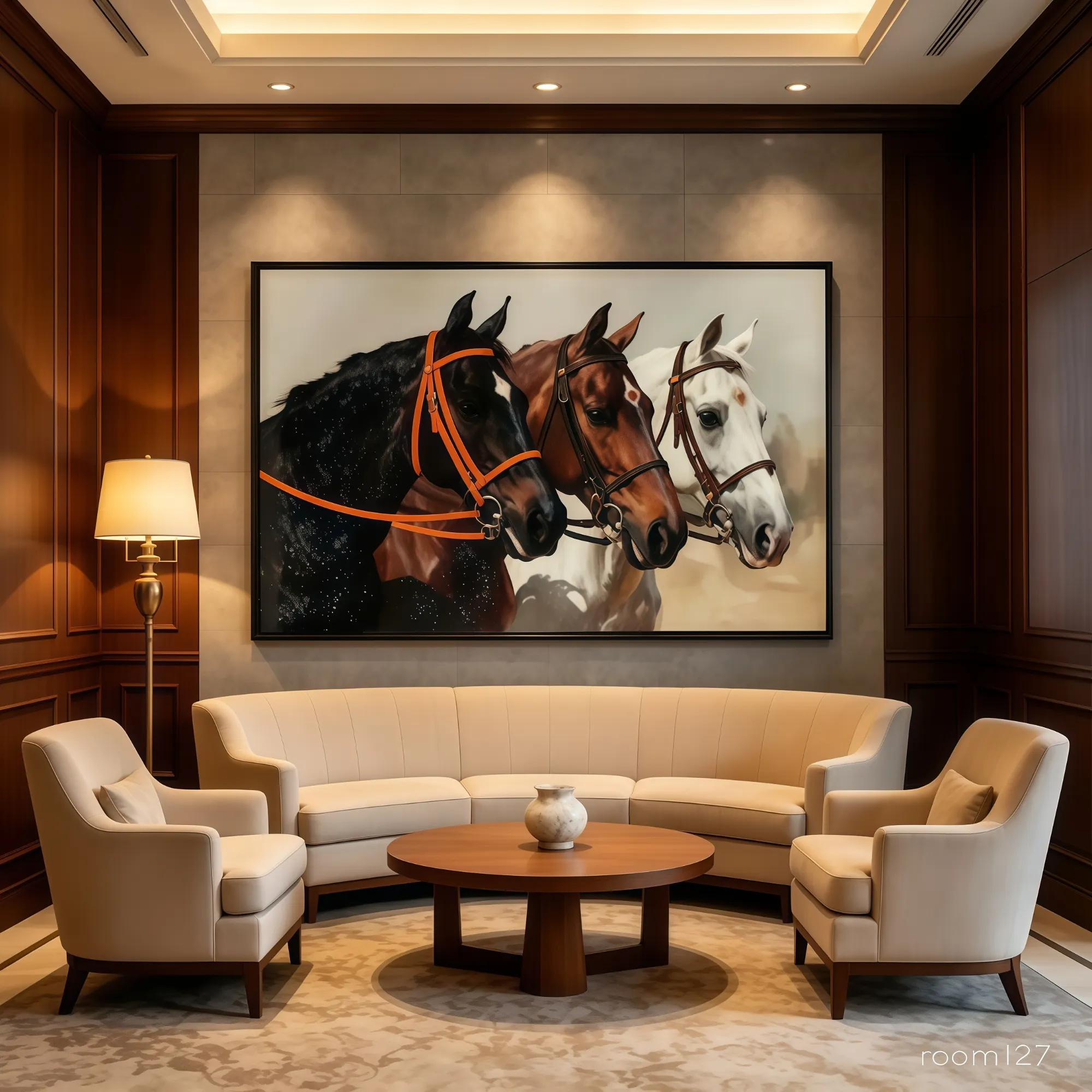 Full view of three horses embellished wall art, hand-set crystal painting for business space
