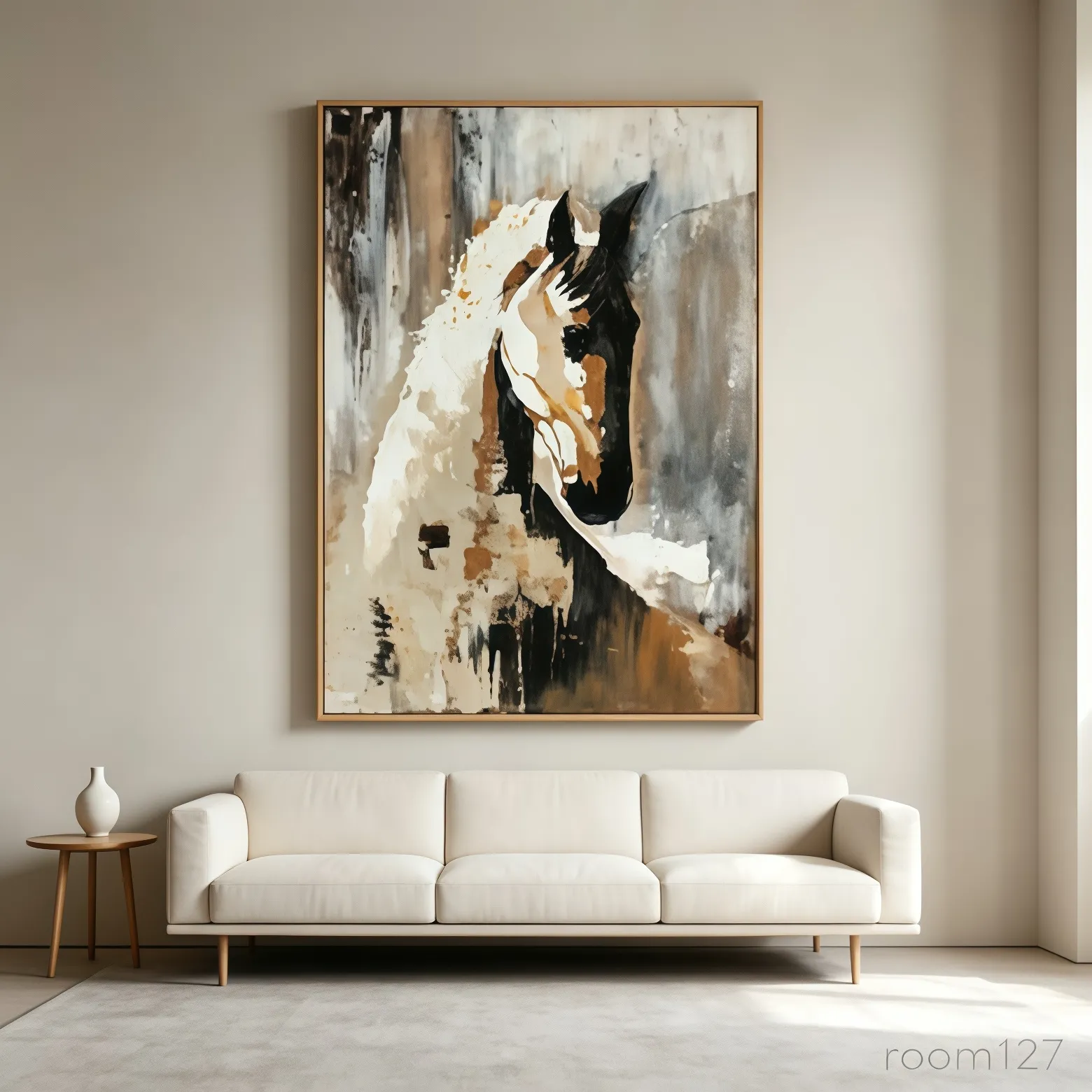 Abstract horse canvas behind sofa, neutral earth tone artwork for minimalist cream living room